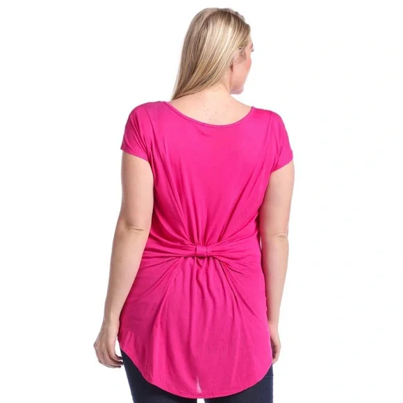 Twisted Knot Back High Low Hot Pink Short Sleeve Drapey Top - Picture 3 of 3